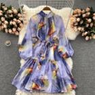 Bishop-sleeve Print Tie-waist A-line Dress