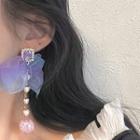 Rhinestone Faux Pearl Mesh Bow Dangle Earring 1579a - 1 Pair - Gold & Gradient - Purple & Blue - One Size