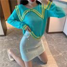 Long-sleeve Color-panel Knit Top / Tweed Mini Fitted Skirt