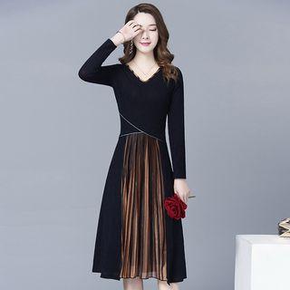 Mock Two-piece Long-sleeve Glitter Pleated Paneled Dress