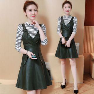 Set: Striped Long-sleeve Knit Top + Faux-leather Pinafore Dress