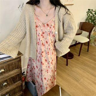 Plain Knit Cardigan / Floral Spaghetti-strap Dress