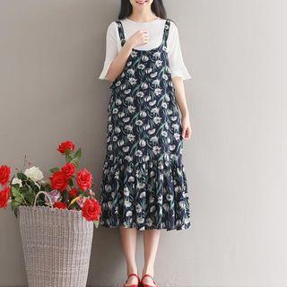 Flower Print Chiffon Pinafore Dress