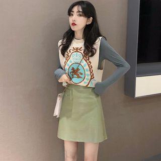 Long-sleeve Plain Top / Printed Knit Vest / Faux Leather Mini A-line Skirt