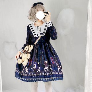 Long-sleeve Printed A-line Dress / Hair Piece / Set