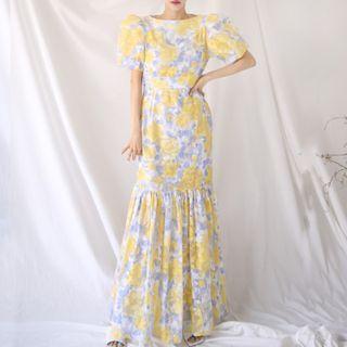 Puff-sleeve Floral Print Maxi Mermaid Dress