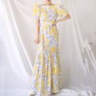 Puff-sleeve Floral Print Maxi Mermaid Dress