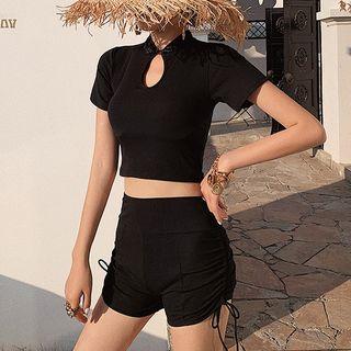 Set: Cut-out Short-sleeve Tankini Top + Swim Shorts