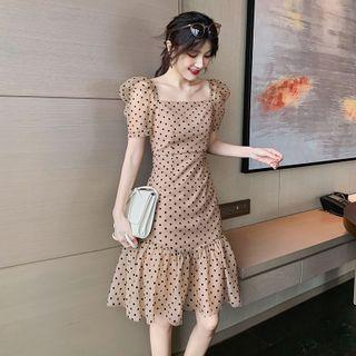 Dotted Puff-sleeve Ruffle Hem Mini A-line Dress