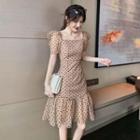 Dotted Puff-sleeve Ruffle Hem Mini A-line Dress