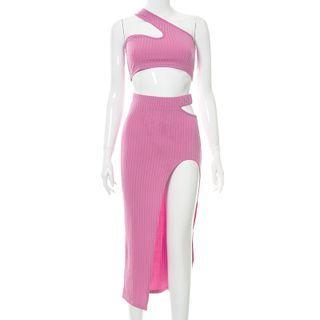 Set: One-shoulder Crop Top + Side-slit Midi Pencil Skirt