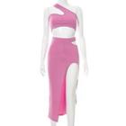 Set: One-shoulder Crop Top + Side-slit Midi Pencil Skirt