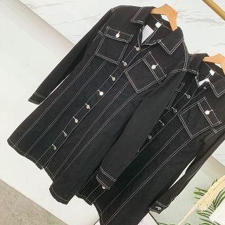 Stand-collar Contrast-trim Long-sleeve Denim Dress