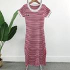 Short Sleeve Round Neck Striped Slit Knit Dress
