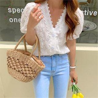 Puff-sleeve Buttoned Lace Blouse Ivory - One Size