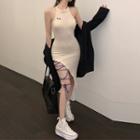 Halter Lace-up Side Minidress Beige - One Size