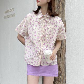 Short-sleeve Tie Neck Butterfly Print Shirt