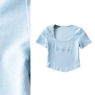 Square-neck Letter Embroidered Cropped T-shirt