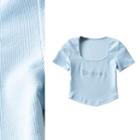 Square-neck Letter Embroidered Cropped T-shirt