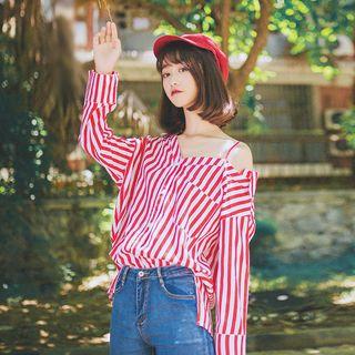 Pinstripe Open Shoulder Long-sleeve Blouse