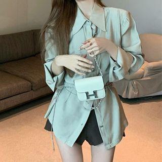 Long-sleeve Plain Shirt / High Waist Hot Pants