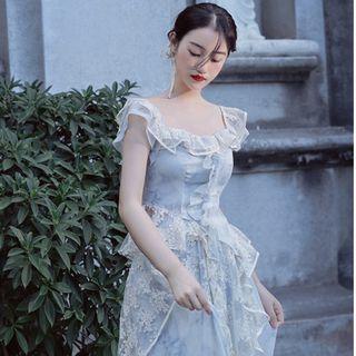Set: Sleeveless Ruffle Trim Top + Lace Irregular Midi A-line Skirt