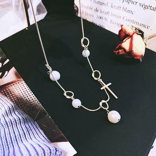 Faux Pearl Alloy Cross Necklace As Shown In Figure - One Size