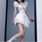Set: Puff-sleeve Square-neck Blouse + A-line Skirt