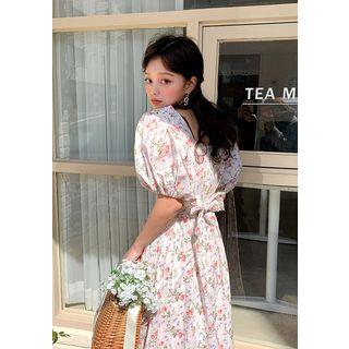 Puff-sleeve Tie-waist Floral Long Dress Ivory - One Size
