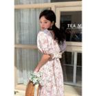 Puff-sleeve Tie-waist Floral Long Dress Ivory - One Size