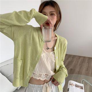 Set : Long-sleeve Cardigan + Lace Trim Cropped Camisole Top