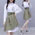 Set: Pocket Detail Shirt Dress + High Waist A-line Skirt