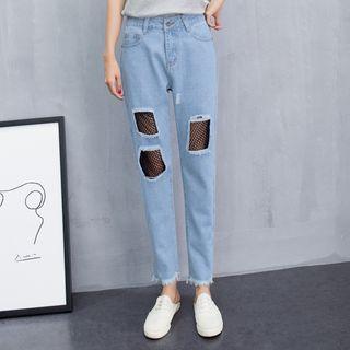 Fray Mesh Panel Straight Cut Jeans