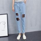 Fray Mesh Panel Straight Cut Jeans