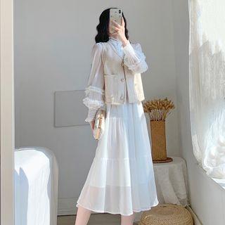 Set: Long-sleeve Chiffon Midi A-line Dress + Vest