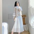 Set: Long-sleeve Chiffon Midi A-line Dress + Vest
