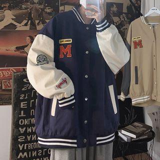 Embroidered Patch Color Block Baseball Jacket