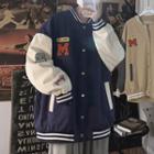 Embroidered Patch Color Block Baseball Jacket