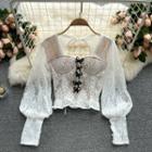 Square-neck Open-back Lace Bow Puff-sleeve Top