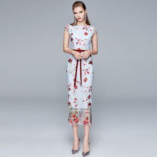 Short-sleeve Floral Print Mesh Midi Sheath Dress