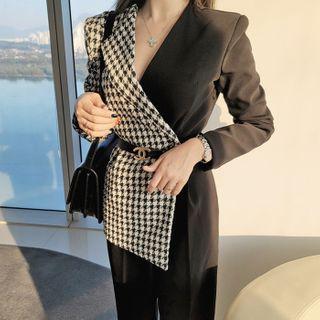 Long-sleeve Houdnstooth Panel Jumpsuit