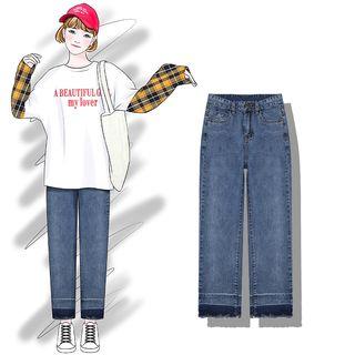 Lettering Printed Plaid Long-sleeved Top