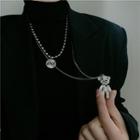 Layered Rhinestone Bear Pendant Necklace Silver - One Size