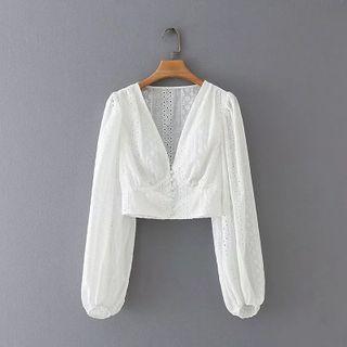 V-neck Embroidered Eyelet Cropped Blouse