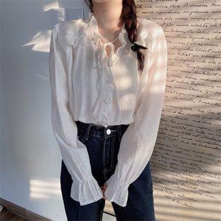 Long-sleeve V-neck Plain Ruffle Trim Loose Fit Blouse