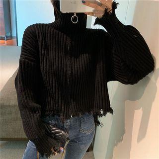 Turtleneck Zip-up Distressed Cardigan