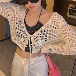 Halter-neck Floral Print Crop Top / Pointelle Knit Cardigan