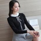 Bow Long-sleeved Stand Collar Sweater Knitted Plain Panel Slim Knit