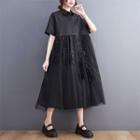 Short-sleeve Sheer Panel Midi Shirt Dress Black - One Size