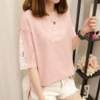Letter Embroidered Crochet Trim Elbow Sleeve T-shirt